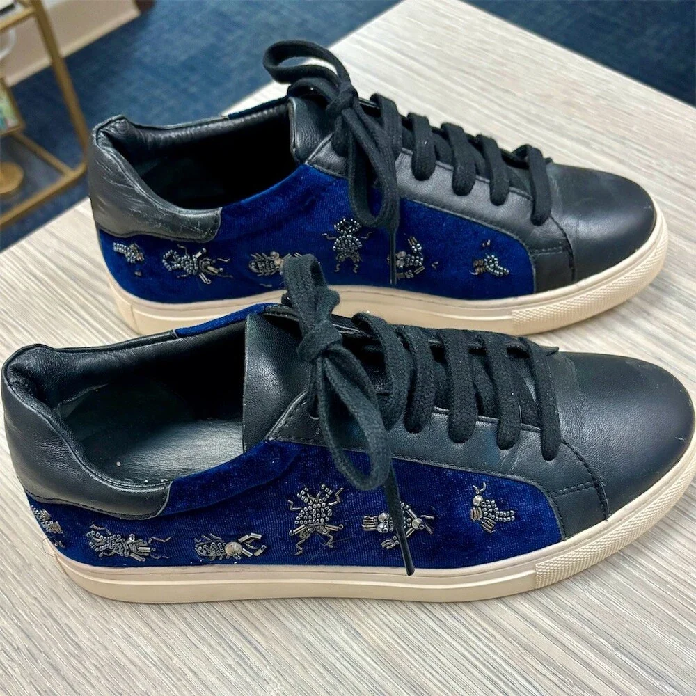 Barneys New York Sneakers Womens EU 38 Blue Beaded Bug Embellished Low Top